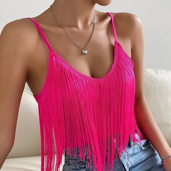Pink Boho Womens Solid Fringe Trim Cami Top - Picture 4 of 5